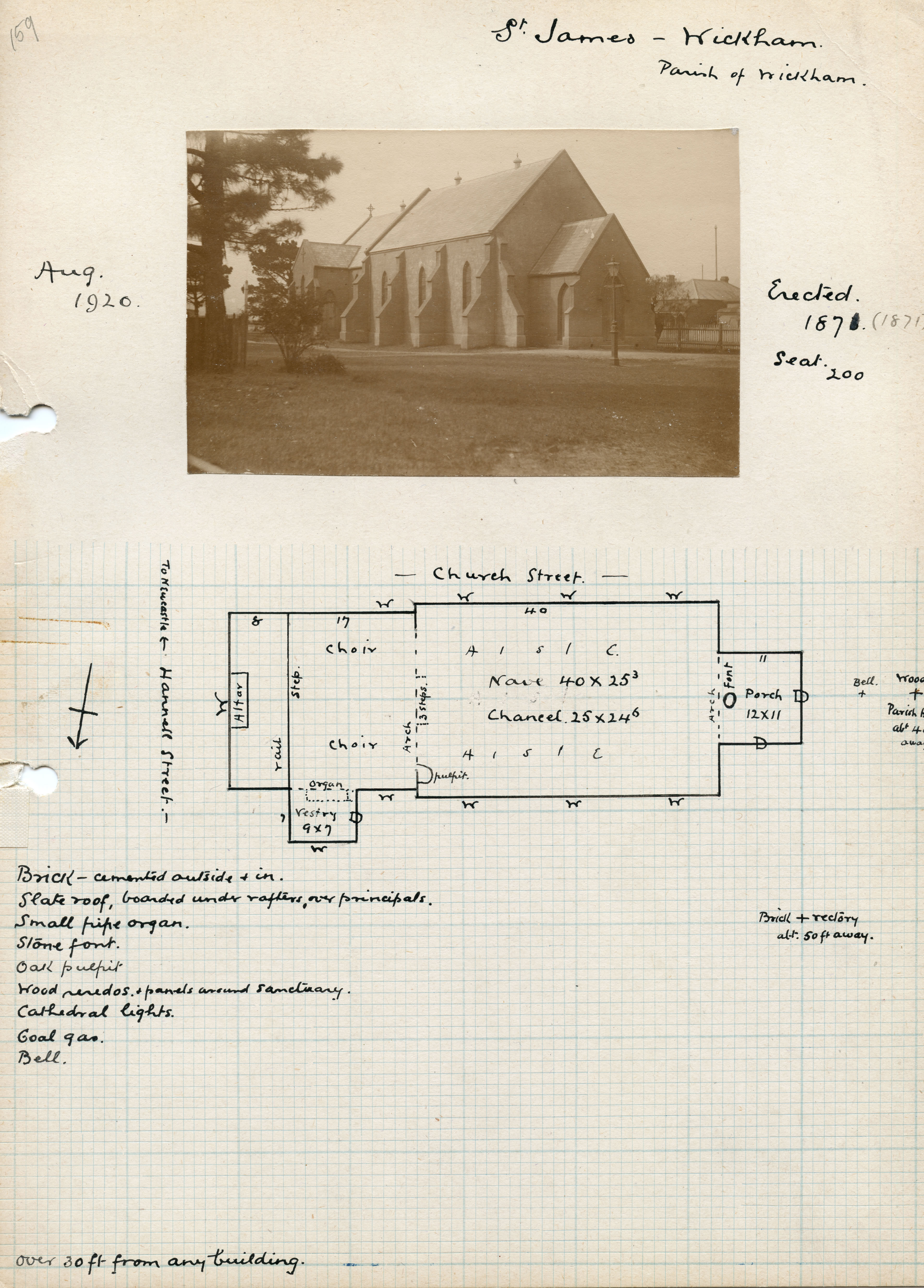 Photograph and Floor Plan of the former St James' Church Wickham (Courtesy of Anglican Diocese Archivesm Cultural Collections (UoNCC)