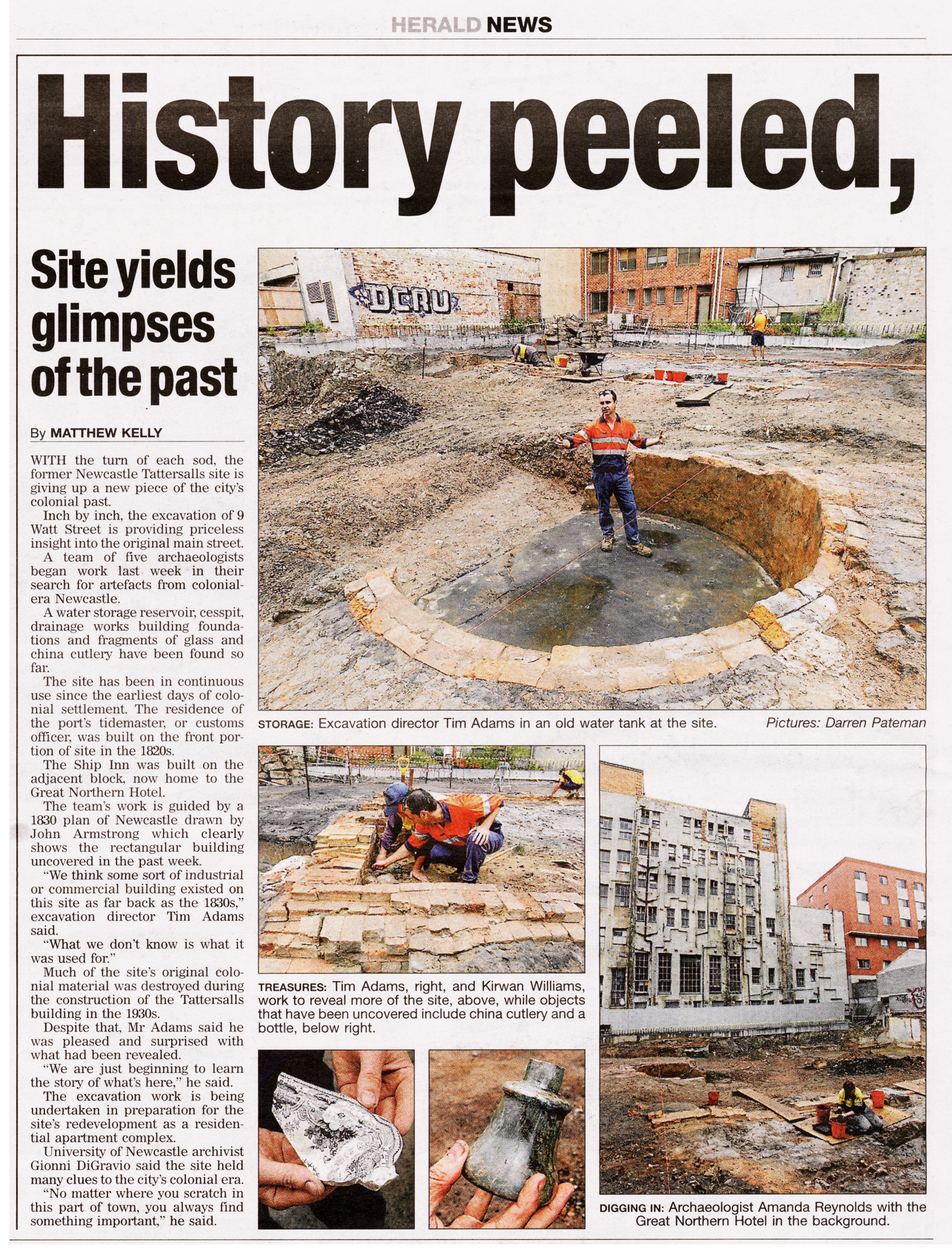 "History Peeled, Site yields glimpses of the past" by Matthew Kelly (Courtesy of the Newcastle Herald 22 January 2014 p.2