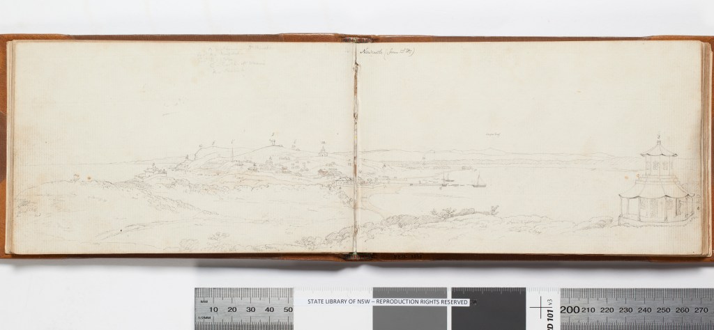 Sir Thomas Livingstone Mitchell (1792-1855). Sketch of Newcastle from the Chinese Pagoda in 1828 from page 26 in Field Book – Port Jackson and Newcastle, 1828 (C 40)(Courtesy of the State Library of New South Wales).