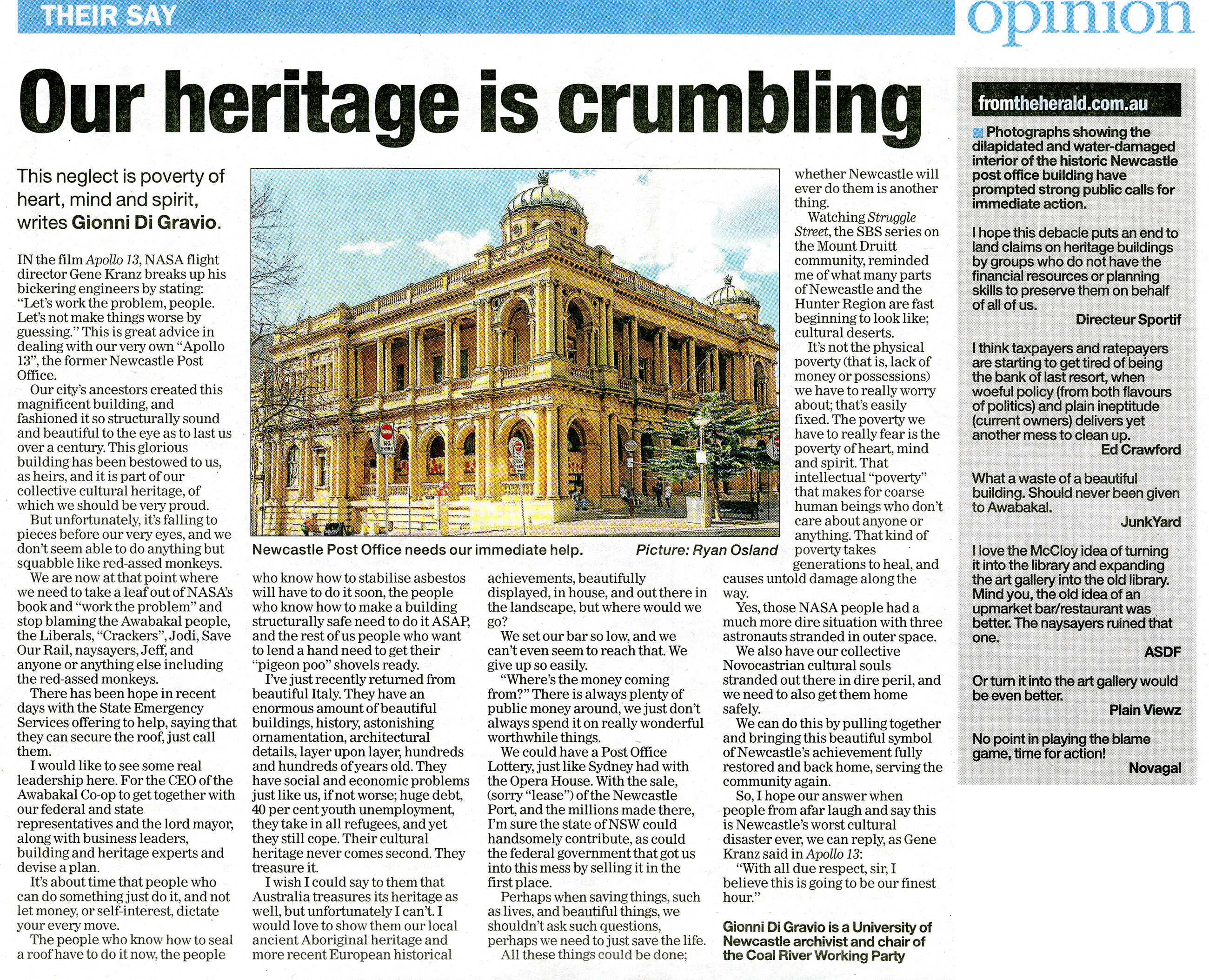 Opinion: Our Heritage Is Crumbling by Gionni Di Gravio, Newcastle Herald, 20th May 2015 p.11