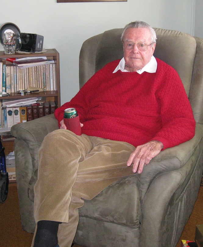 Ray in his favourite red jumper and favourite chair (with beer) – 2013 