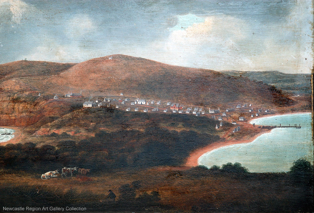 Image 7. Joseph Lycett’s ‘Newcastle, New South Wales, looking towards Prospect Hill’ c.1816-1818. https://downloads.newcastle.edu.au/library/cultural%20collections/images/Lycett1816detail3.jpg