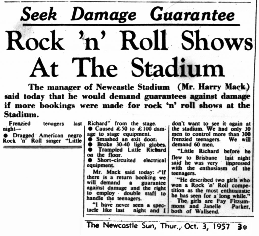 "Seek Damage Guarantee Rock 'n' Roll Shows At The Stadium Newcastle Sun 3 October 1957 page 3.