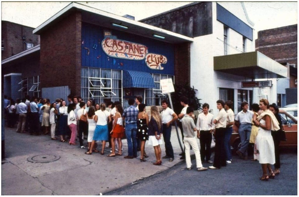 Photograph depicting line up out the front of the Castanet Club, circa 1980s.