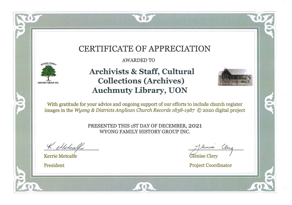 Digital Image of Certificate of Appreciation Wyong Family History Group