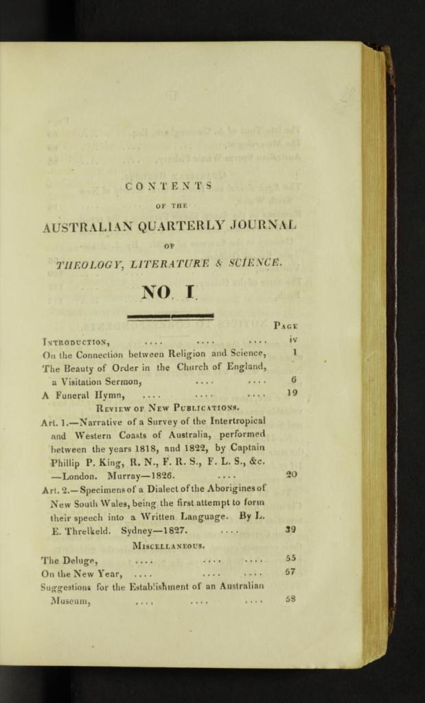 Contents Page - The Australian quarterly journal of theology, literature & science (January 1828)