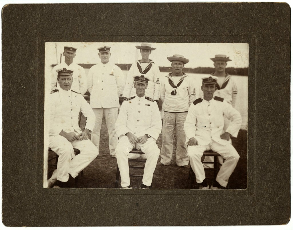 A9052(xiv) Photograph: Officers attending Naval Camp, Tomago, 25 February 1914 to 13 March 1914. Lieuts. Bracegirdle and Gillam, CPOs Harman and Nye, POs Madams and Moran, Gunner Leaver.