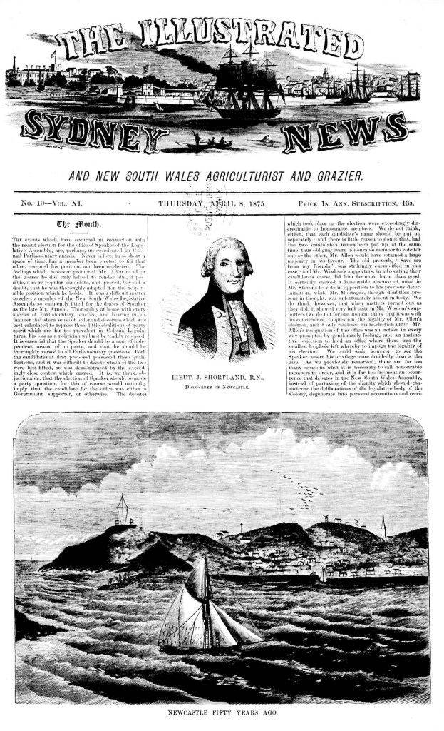 Front Page from the Illstrated Sydney News 8 April 1875 featuring Newcastle.