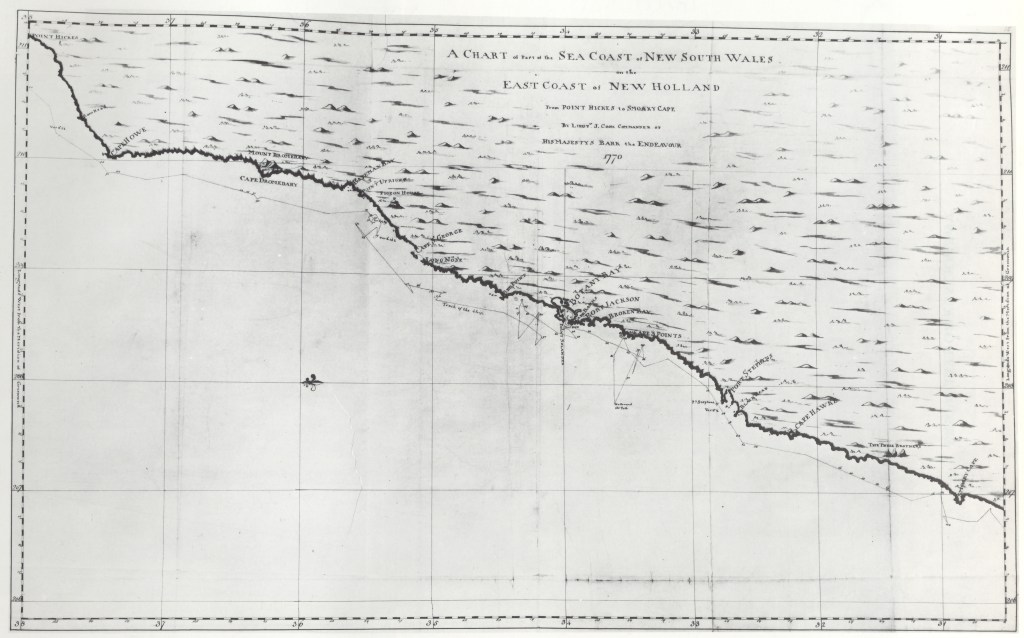 1.272. James Cook/Issac Smith. A chart of the East Coast of New Holland from Point Hickes to Smoaky Bay] [April-May 1770] 1° of Longitude = 4 in. (approximately 1:910,000 in 34° S), ink and wash, 544 x 906 mm, pasted down on a sheet of paper exhibiting the w/m CHARLES WISE 1819 