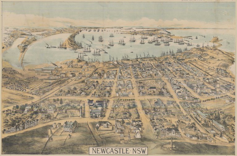 Newcastle, N.S.W. By Alf Scott Broad (1854-1929). Bird's-eye-view map. "Supplement to 'The Illustrated Sydney News,' June 27, 1889" (4.5 MB File)