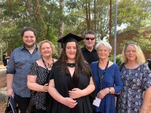 (L-R) Ruth Talbot-Stokes, Miranda Talbot-Stokes, Liam Talbot, Jean Talbot, Clare Talbot at University of Newcastle graduation (2019)