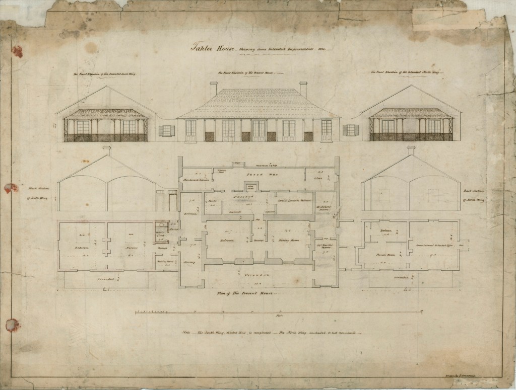 Plan of Tahlee House showing various elevations of house, showing improvements completed and planned, 1830 (Courtesy of the Noel Butlin Archives, ANU)