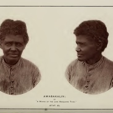 Old Margaret, here photographed and described as "An Awabakalin or 'A Woman of the Lake Macquarie Tribe AETAT 65'" in John Fraser's (ed) An Australian language as spoken by the Awabakal, the people of Awaba or Lake Macquarie (near Newcastle, New South Wales) being an account of their language, traditions and customs/ by L.E. Threlkeld ; re-arranged, condensed and edited with an appendix by John Fraser. Sydney : Charles Potter, Govt. Printer, 1892.