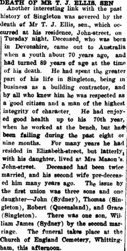 "The Death of T.J. Ellis" Singleton Argus 4 August 1921 page 4.