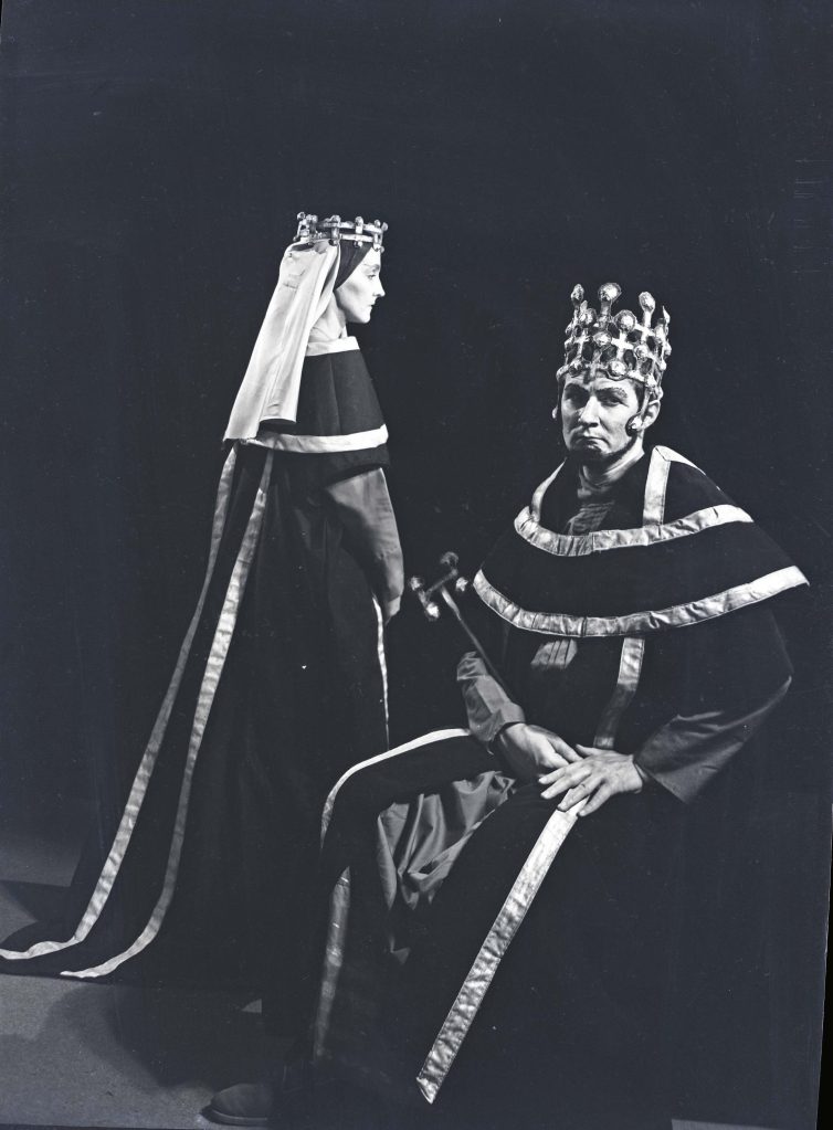 Actors dressed in medieval clothing | Joyce Williams as Lady Macbeth and John Stowell as Macbeth. 1961. Hannan Photographic Archive [AHAN00468]
