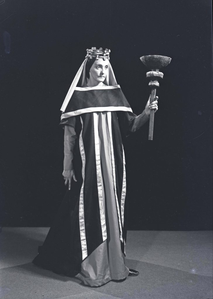 Woman in head dress theatrical setting | Joyce Williams as Lady Macbeth. June/July, 1961.