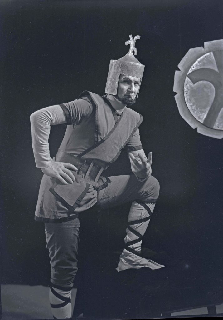 Man in head dress theatrical setting | John Stowell as Macbeth. June/July, 1961. Hannan Photographic Archive [AHAN00478]
