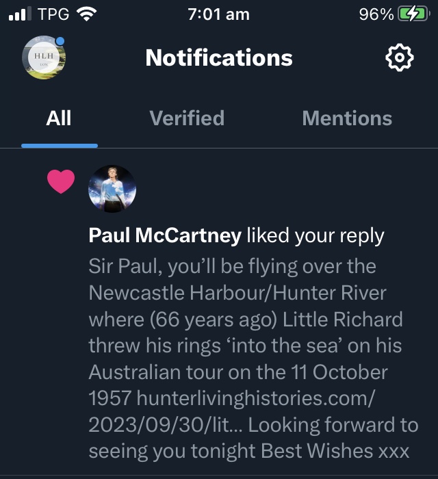 Paul McCartney likes Little Richard in Newcastle Tweet (30 November 2023)