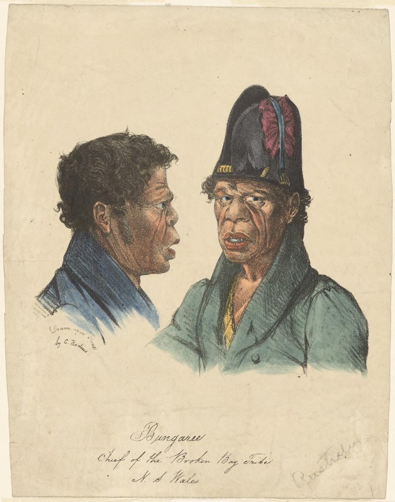 Bungaree, chief of the Broken Bay tribe, N.S.Wales [picture] / drawn upon stone by C. Rodius. Circa 1830. Courtesy of the National Library of Australia