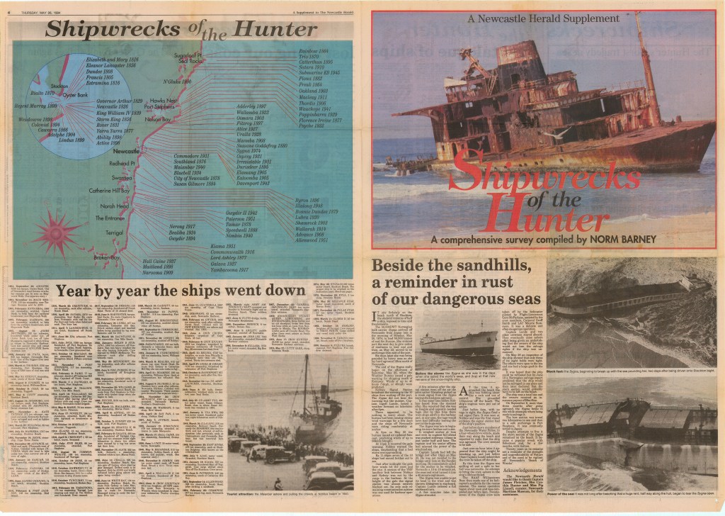 Shipwrecks of the Hunter A comprehensive survey compiled by Norm Barney (Newcastle Herald 26 May 1994)