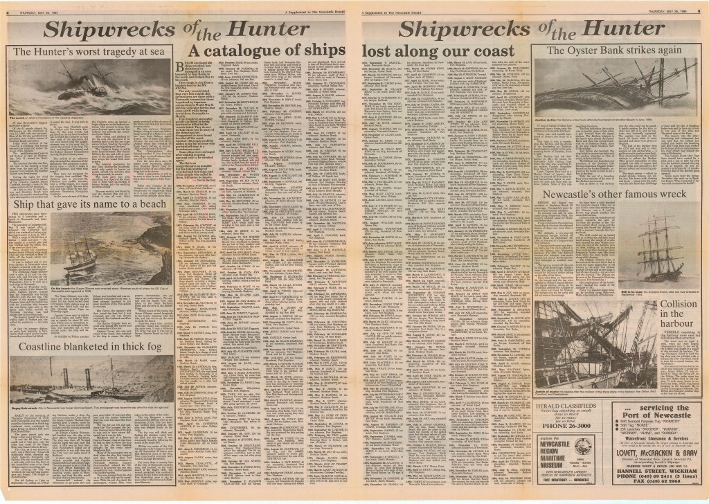 Shipwrecks of the Hunter A comprehensive survey compiled by Norm Barney (Newcastle Herald 26 May 1994)