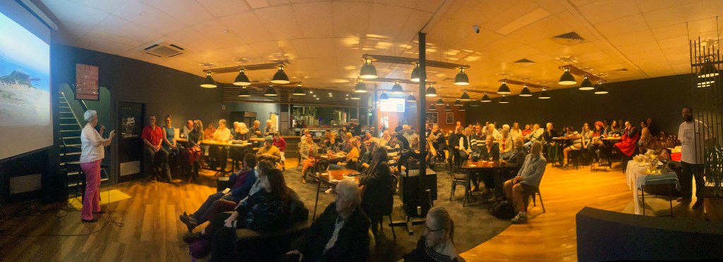 Carol Duncan speaking to her Lost Newcastle Crowd at Launch of Stories of Our Town Whibayganba and Val Blackett films at the Thirsty Messiah Brewery - 2 May 2024 