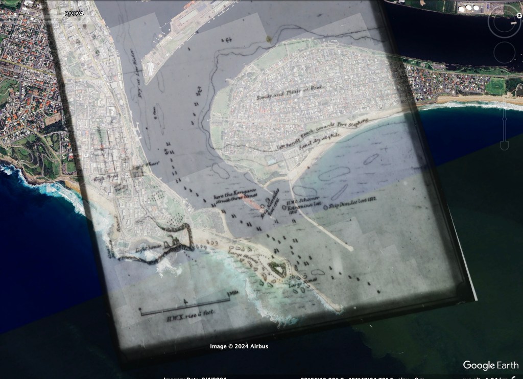One of the versions of Jeffreys 1816 Chart overlayed in Google Earth 2024 to show the locations of the original shipwrecks The Nautilus, The Estremina and Dundee. 