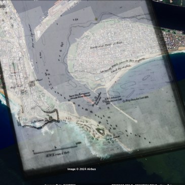One of the versions of Jeffreys 1816 Chart overlayed in Google Earth 2024 to show the locations of the original shipwrecks The Nautilus, The Estremina and Dundee.