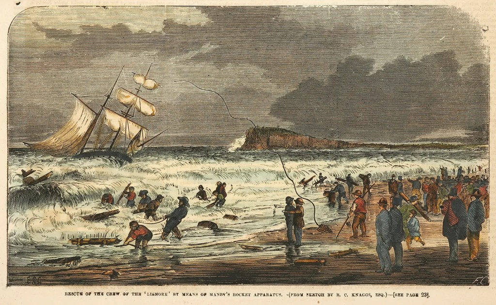 Rescue of the Crew of the 'Lismore' By Means of Manby's Rocket Apparatus. ( From Sketch by R. C. Knaggs, Esq.) - See Page 23