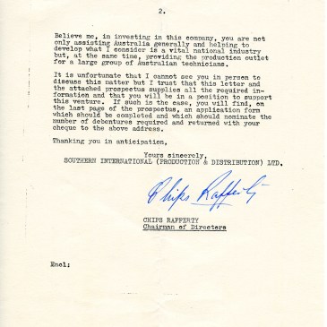 Southern International (Production & Distribution) Limited, Chips Rafferty, Chairman of Directors to Mr. Jack L. Jones, March 28th, 1955. Page 2.