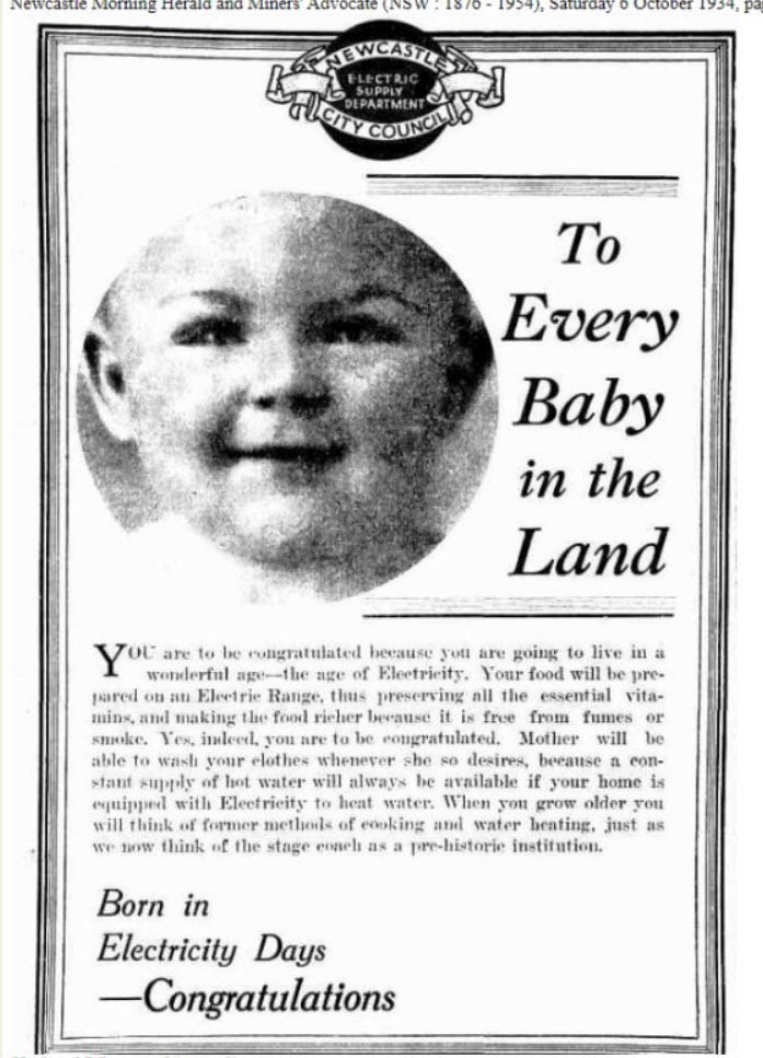 Jack Jones is the baby pictured in this Newcastle City Council advertisement.. "To Every Baby in the Land...Born in Electricity Days - Congratulations. NMHMA 6 October 1934 (Courtesy of Tim Jones)