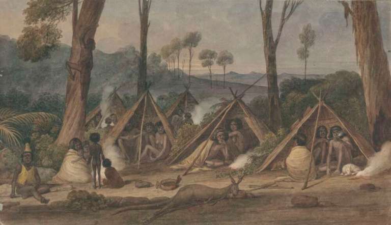 “Families camped in the Port Stephens area, New South Wales,” Augustus Earle, 1826, National Library of Australia, nla.obj-134497417.