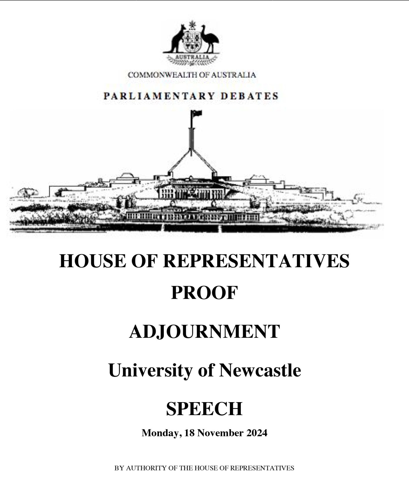 Australian Parliamentary Hansard 18 November 2024. The University of Newcastle. Member for Newcastle Sharon Claydon MP