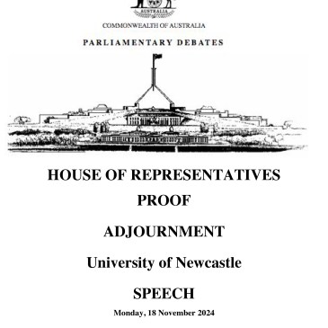 Australian Parliamentary Hansard 18 November 2024. The University of Newcastle. Member for Newcastle Sharon Claydon MP