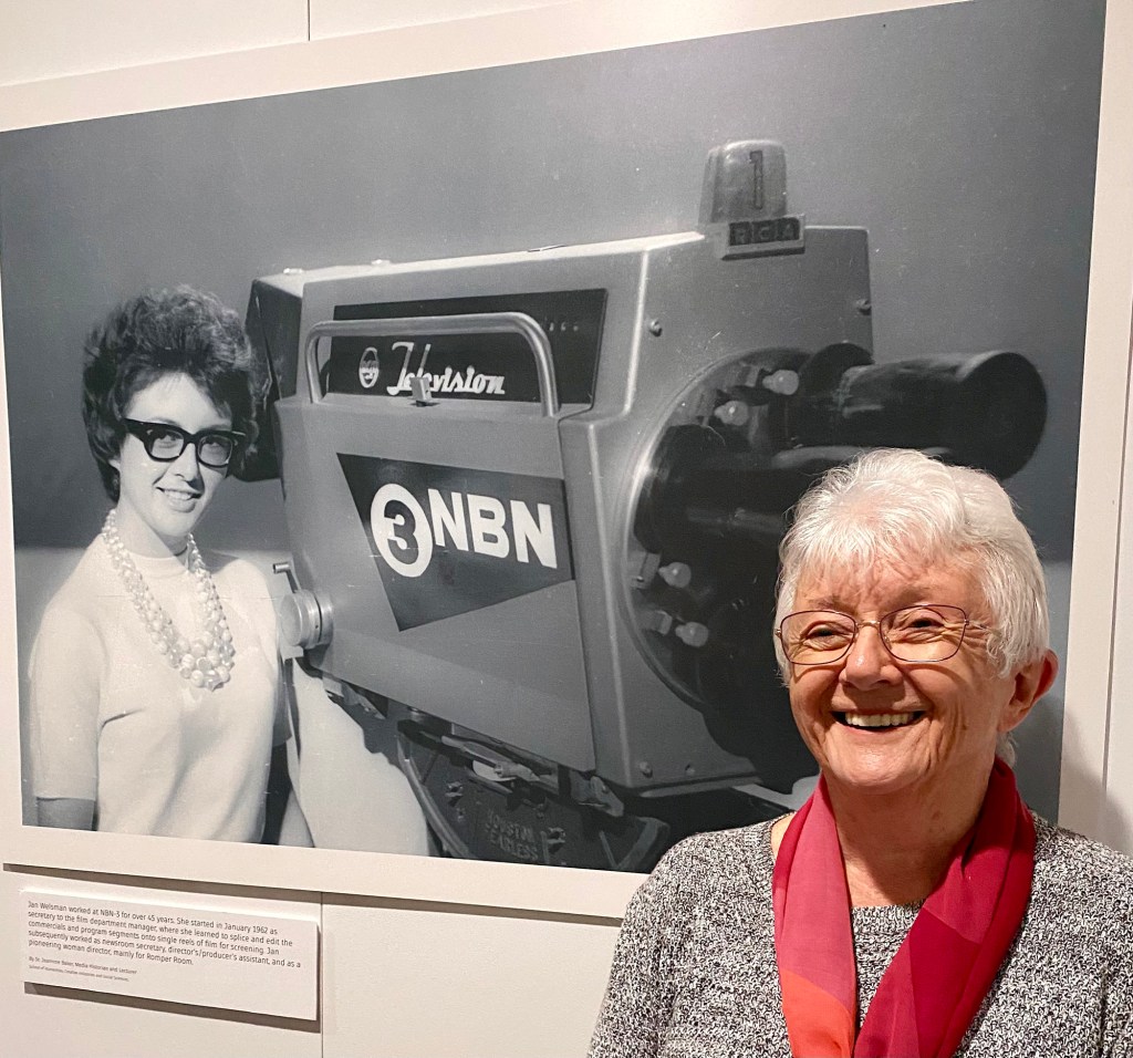 Jan Welsman with NBN camera (Courtesy NBN Archive) and Jan during her visit to the Rewind Exhibition in 2024