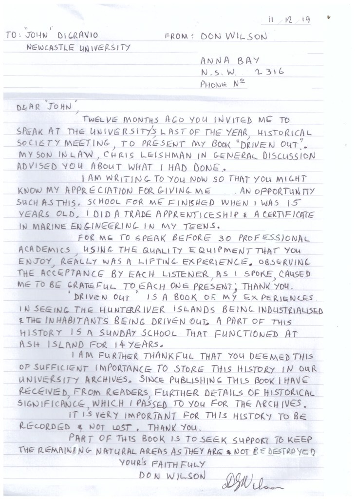 Letter from Don Wilson to John Di Gravio 11 December 2019