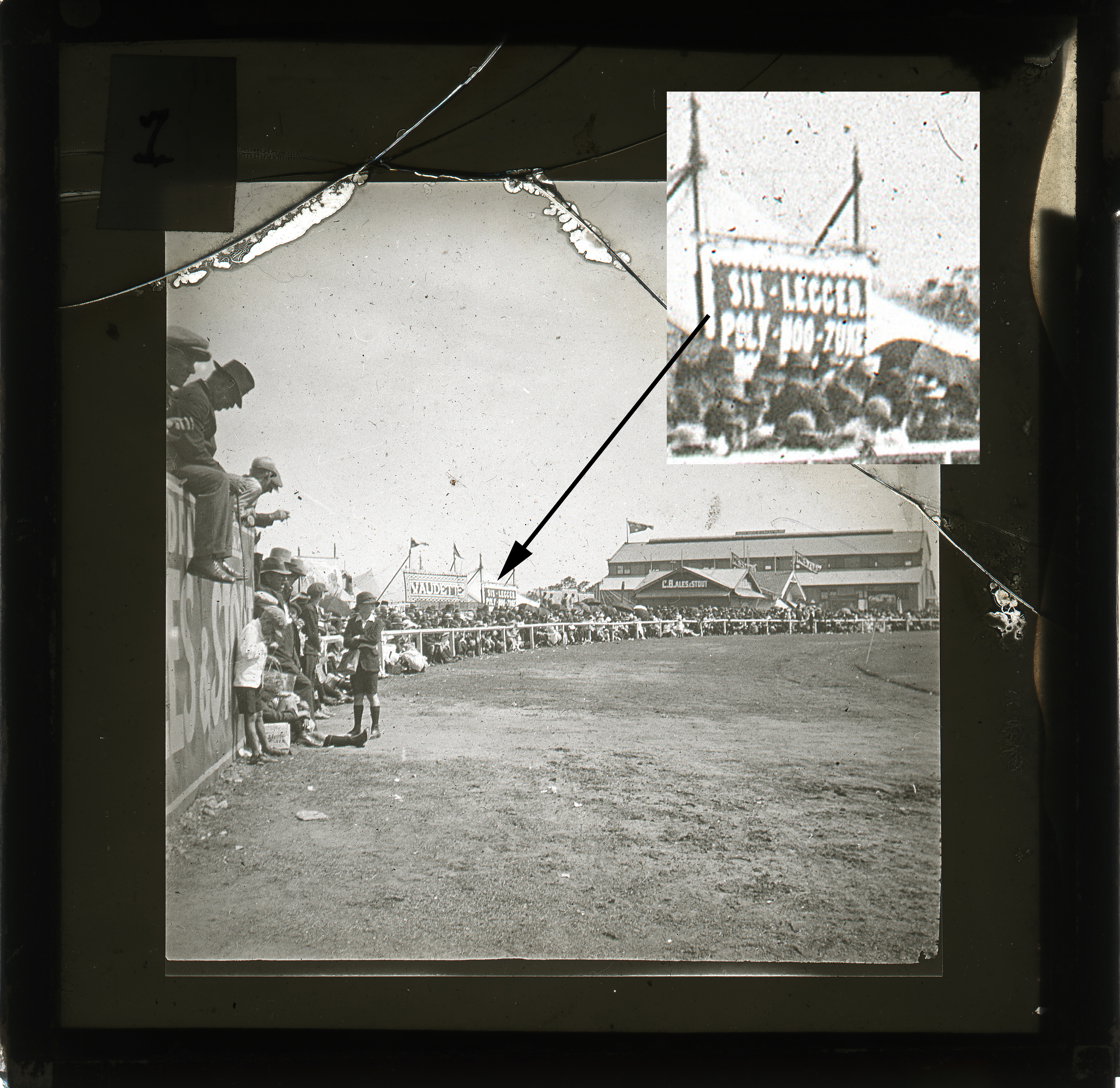 Zooming into image to read sign of the Six Legged Poly-Moo-Zuke