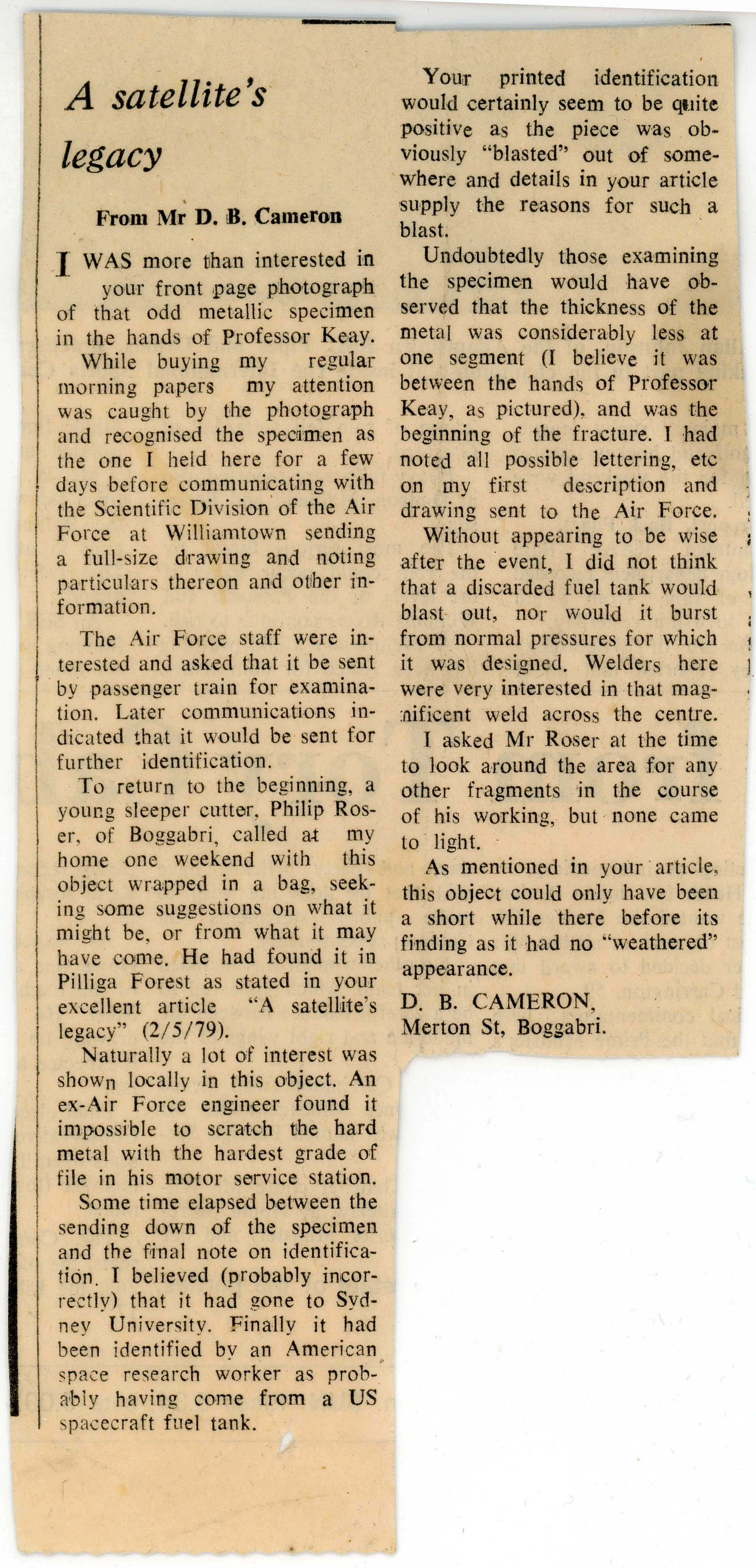 A satellite's legacy From Mr. D. B. Cameron. Letter to the Editor, Newcastle Morning Herald 7 May 1979
