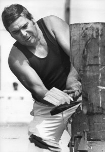 The Newcastle Show 28 February 1982 Ken Kirk of Kurri 300mm Standin Block Woodchop Event. Photographer: Ken Robson