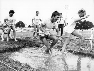 The Newcastle Show. "Mayer's Maniacs" Tug-o-War team on losing end of rope. 24 February 1983. Photographer: Ken Robson.