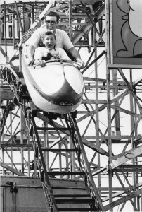 The Newcastle Show. 24 February 1989. Rex Waite and Melissa Waite on the Chipmunk Dipper Ride. Photographer: Peter Stoop