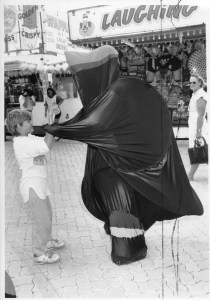 The Newcastle Show. 26 February 1992. Sandy Miller of Greta Grabbed by Stretch Mark 1 Theatre Creature. Photographer: John Appleyard