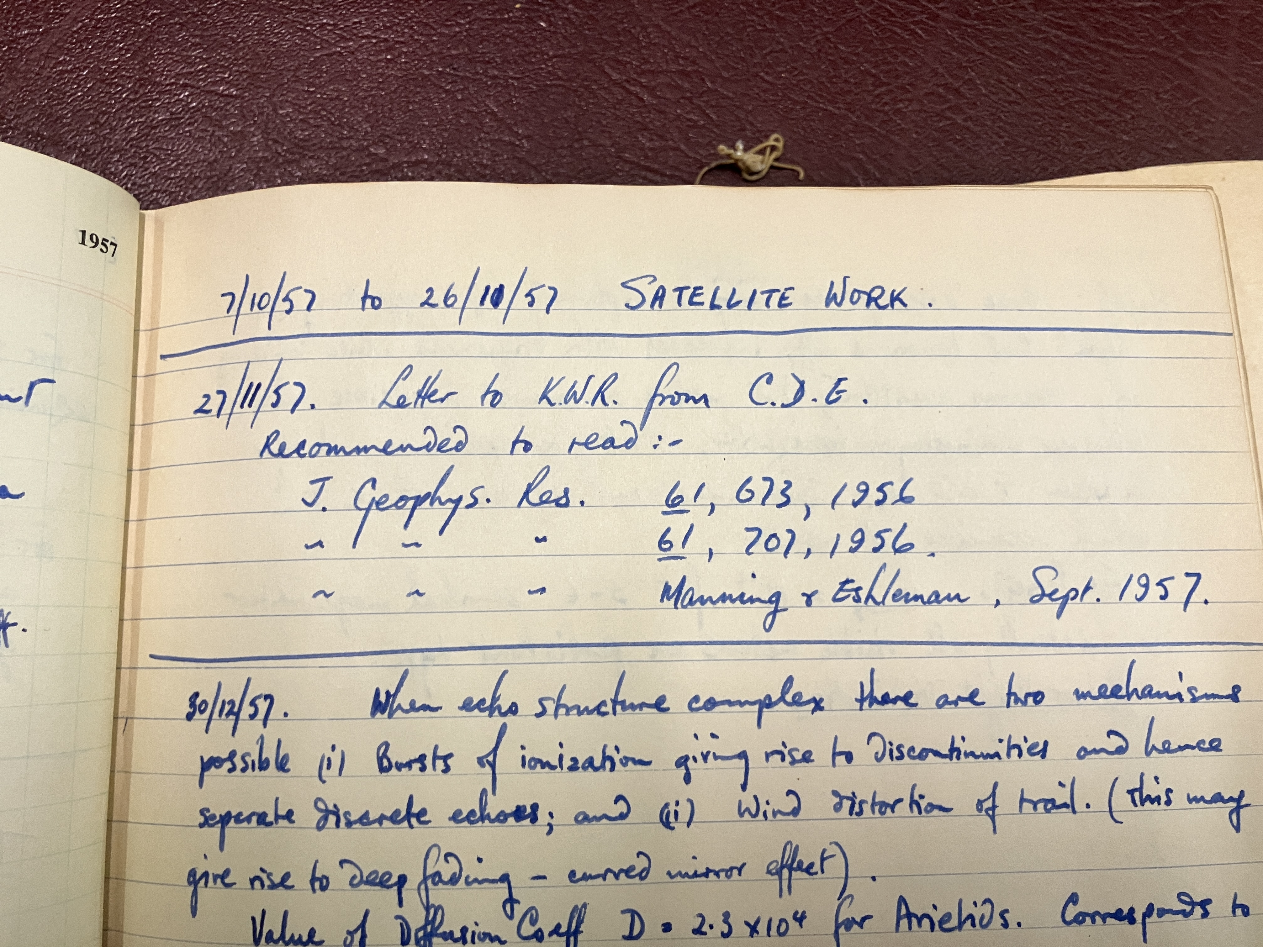 Sample section from Professor Colin Keay's Meteor Dairies from the 7 October 1957 to the 30 December 1957