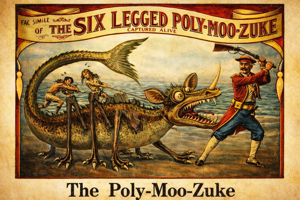 The six-legged Poly-Moo-Zuke captured alive [Prompt Cowboy to generate prompt, then CHAPGPT processed - Gionni Di Gravio March 2026]