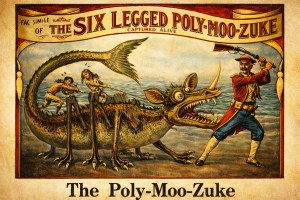 The six-legged Poly-Moo-Zuke captured alive [Prompt Cowboy to generate prompt, then CHAPGPT processed - Gionni Di Gravio March 2026]