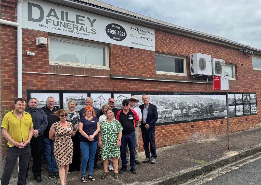 Launch of Lambton Mural in the presence of Lord Mayor of Newcastle Cr. Dr Ross Kerridge and councillors, along with representatives of Lambton Residents Group, Newcastle Theatre Company, Stories of Our Town film makers, Kerrie Shaw (CON Digitisation Manager) and Gionni Di Gravio OAM (University Archivist) [Photo Credit: Cr Mark Brooker]
