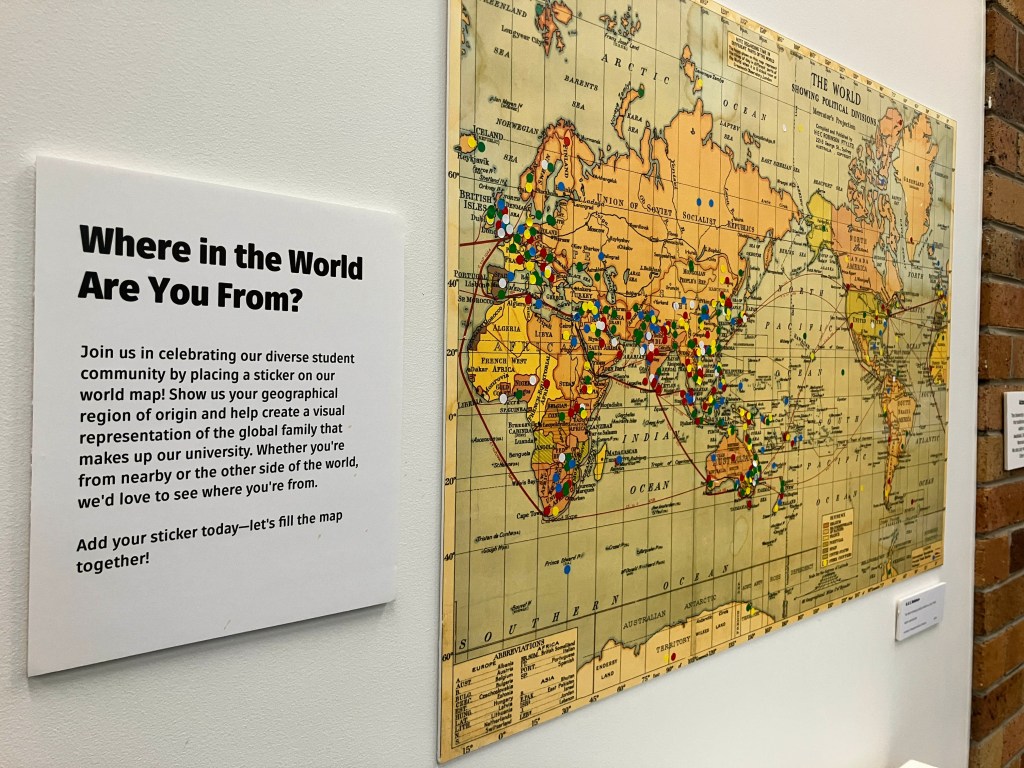 2024/2025 University of Newcastle cohort of students, staff and community visitors to Unrolled Exhibition let us know where in the world they come from.