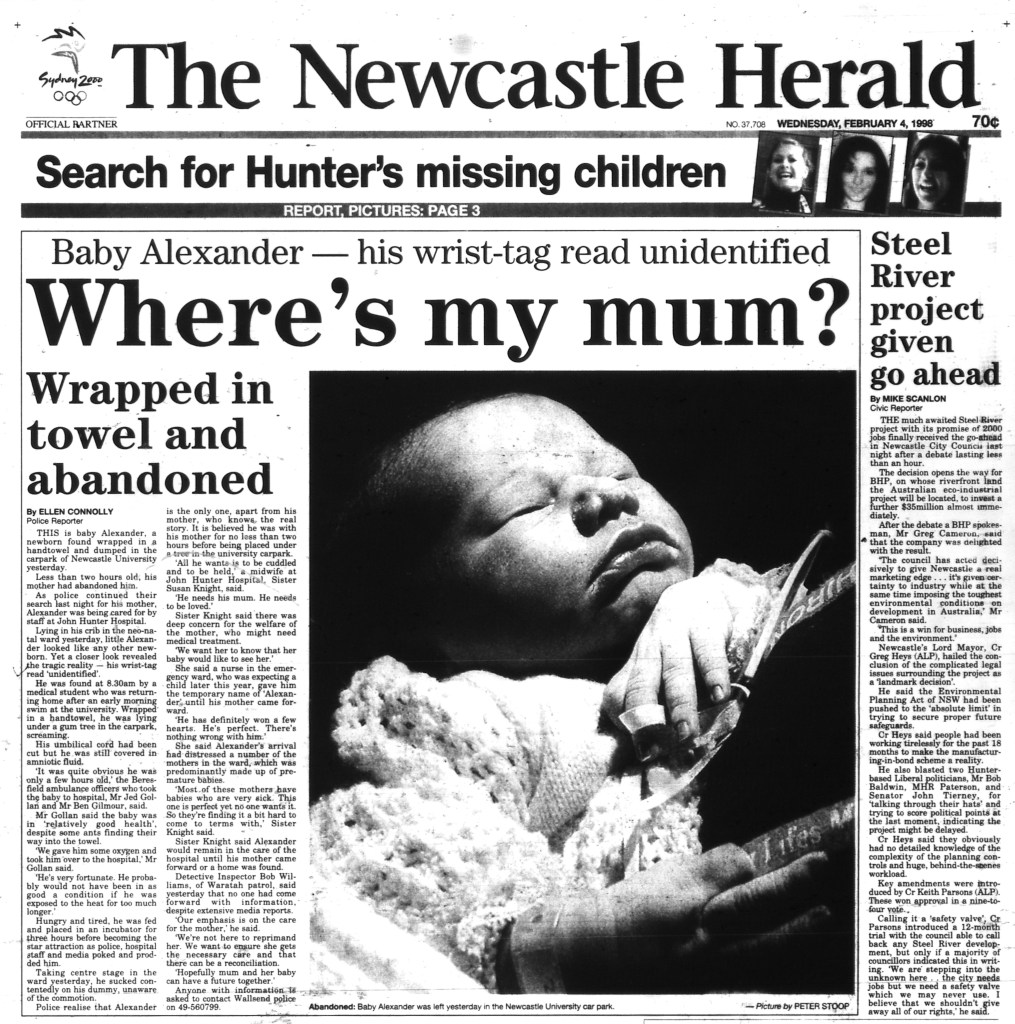 Baby Alexander, from The Newcastle Herald Front Page, 4 February 1998.