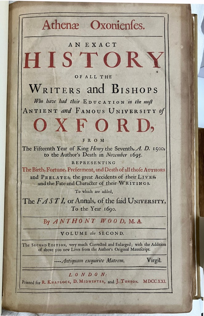 Anthony Wood Athenae Oxonienses Volume 2 (1721)