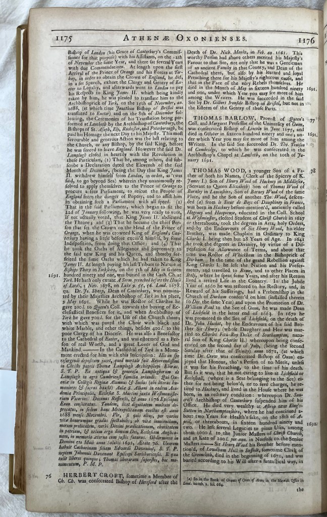 Entry for Thomas Wood (1176) in Anthony Wood's Athenae Oxonienses (1721) 